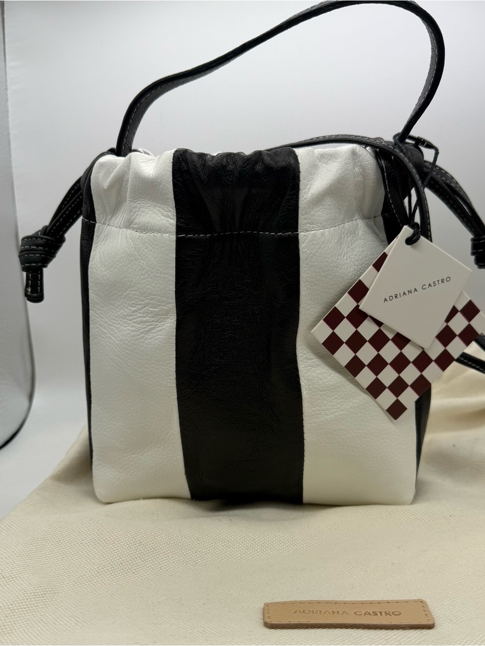 Adriana Castro La Rossy Black & White Leather Pouch Bag. NEW!